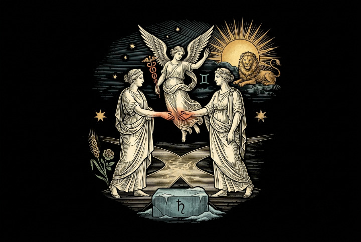 Duas figuras a dar as mãos sob um céu estrelado, com uma mensageira alada e um leão solar ao alto — emblema do boletim Caminhar com as estrelas