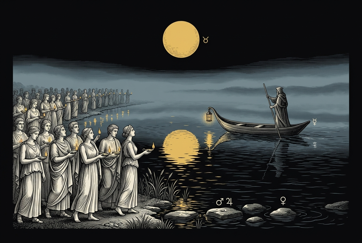 Gravura de um rio largo de noite, com névoa, uma lua cheia no alto e o reflexo dela na água, uma fila comprida de pessoas na margem com lamparinas acesas e um barco com um barqueiro de capuz e uma lanterna a meio do rio