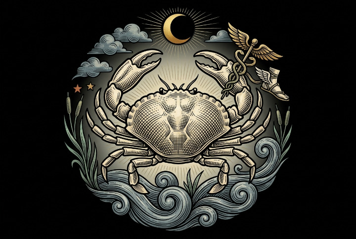 Gravura tradicional da série ALMUTEM: o caranguejo do signo de Caranguejo, com o caduceu alado de Mercúrio e a lua crescente, sobre ondas gravadas.